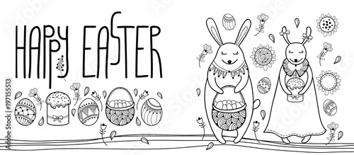 Vector Happy Easter card with outline Easter rabbit couple and traditional Easter symbol in black isolated on white background. Cute bunny pair in contour style for coloring book and greeting decor.