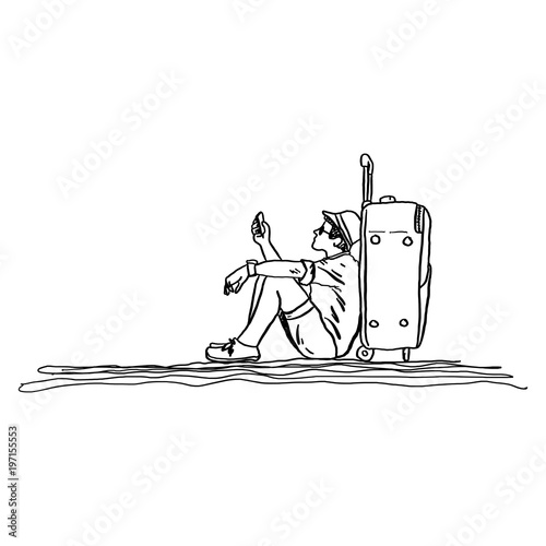male traveler sitting by travel bag and using mobile phone vector illustration sketch hand drawn with black lines isolated on white background