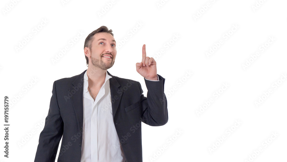 business man looking at camera and pointing finger up. image isolated over white background. people, male, business and portrait concept. business man looking at camera and pointing finger up. image isolated over white background. people, male, business and portrait concept.