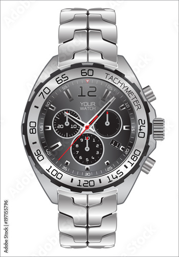 Realistic watch clock chronograph dark gray dial design for men fashion on white background vector illustration.