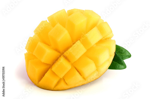 Mango fruit half with leaves isolated on white background close-up