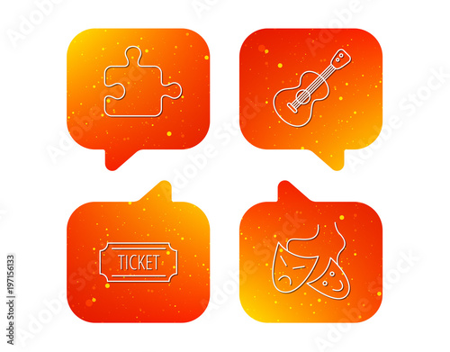 Puzzle, guitar music and theater masks icons.