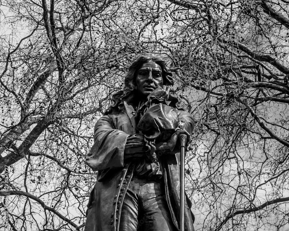 Statue of Edward Colston in Bristol City Centre bw, black and white mid view shallow depth of field horizontal photography