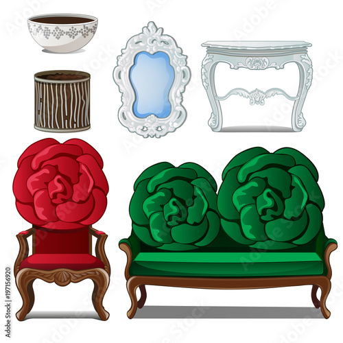 Set of classic furniture and interior decoration. Home decorative elements in antique style. Image in cartoon style. Vector illustration isolated on white background