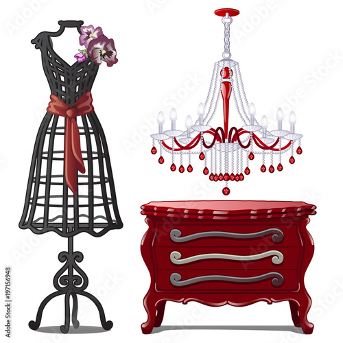 Set of floor hangers, chandeliers and chest of drawers. Collection of objects in classical style. Image in cartoon style. Vector illustration isolated on white background