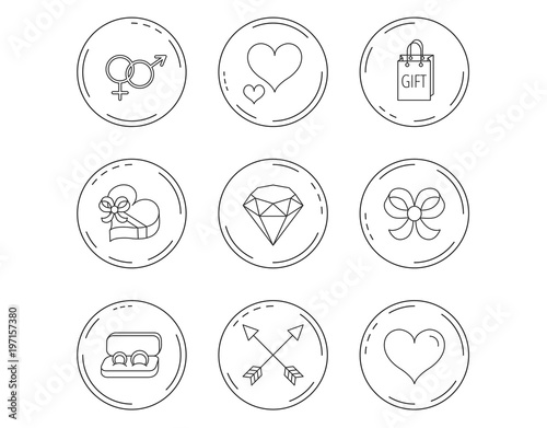 Love heart, gift box and wedding rings icons.