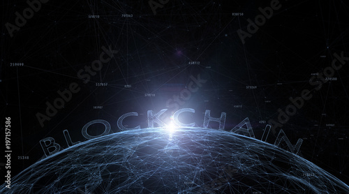 Blockchain word on abstract dark blue cyberspace background with numbers, lines and dots illustration.