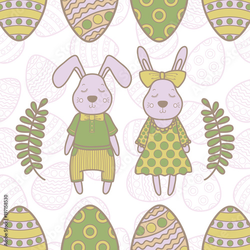 Easter rabbit family with Easter egg. Vector illustration isolated.