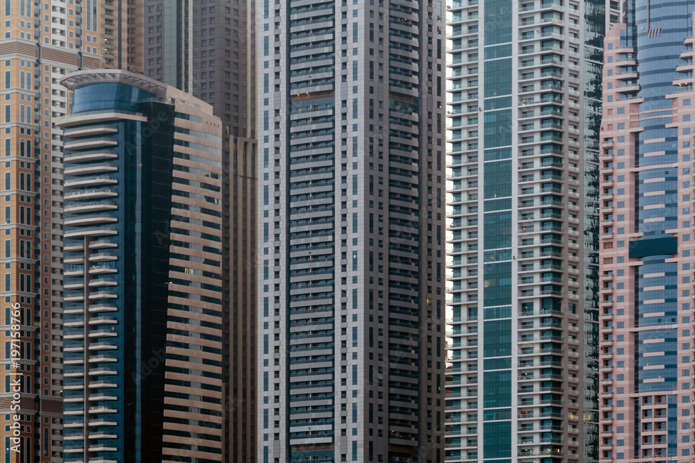 Detail view of modern skyscrapers in Dubai, UAE - background pattern