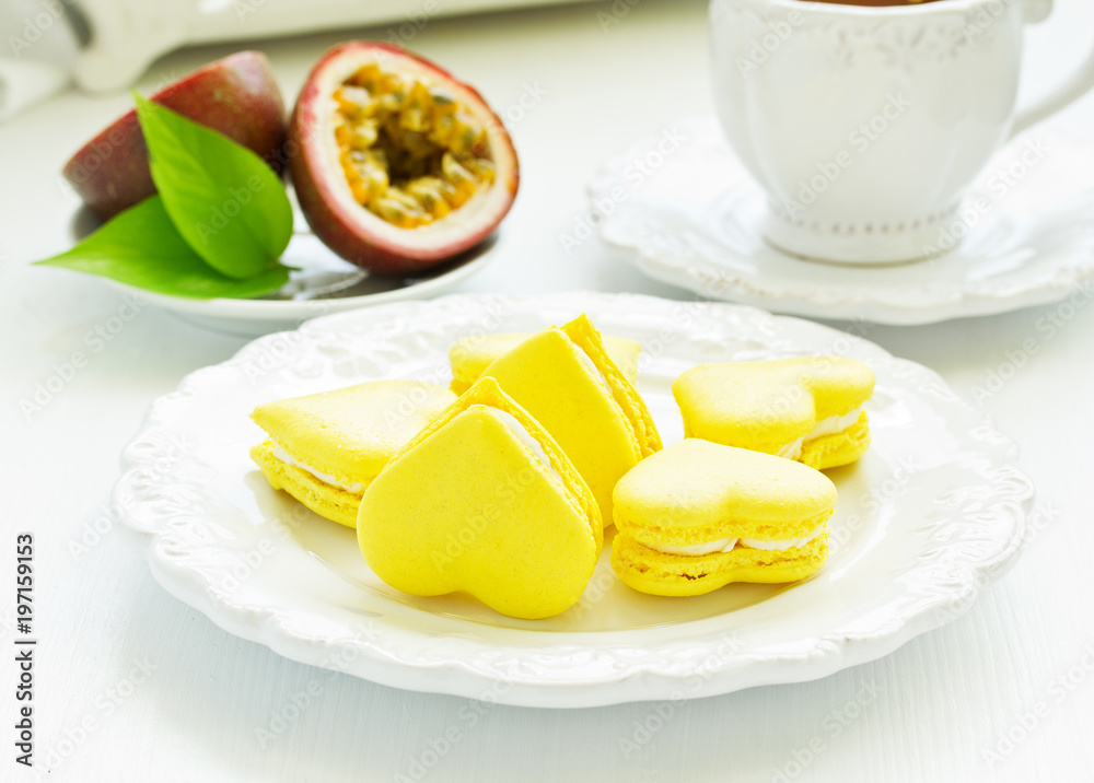 Fototapeta premium French pastry makaron. Heart shape. Valentine's Day. Selective focus