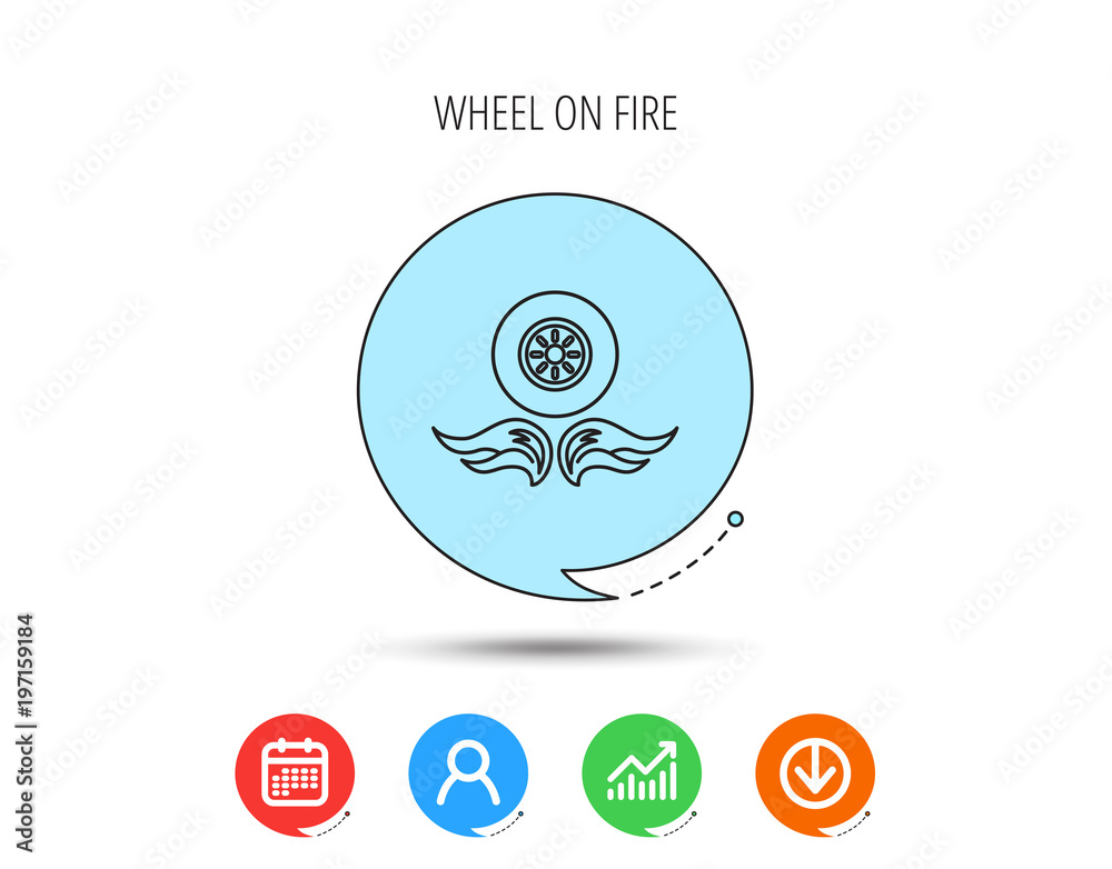 Car wheel icon. Fire flame symbol. Car wheel icon. Fire flame symbol.