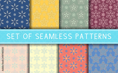 Seamless patterns. Collection of colored floral backgrounds