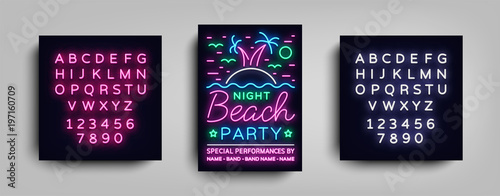 Night beach party poster. Summer party, neon style flyer, palm beach, musical night posters template, neon advertising party, nightclub, concert, disco. Vector Illustrations. Editing text neon sign