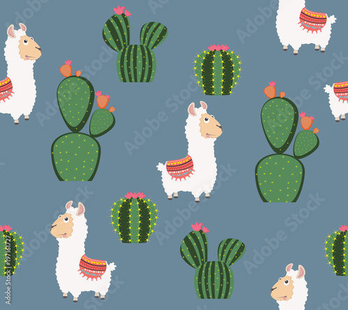 Cute funny alpaca with Cactus pattern