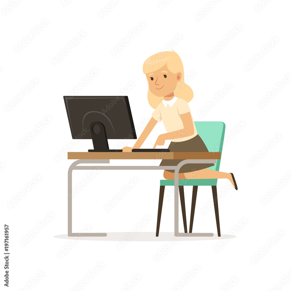 Girl sitting at computer, pupil of elementary school at informatics lesson at school vector Illustration on a white background Girl sitting at computer, pupil of elementary school at informatics lesson at school vector Illustration on a white background