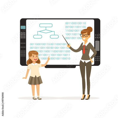 Smiling teacher woman teaching girl with an interactive board, informatics lesson at school vector Illustration