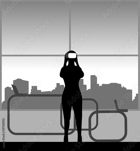 Silhouette of businesswoman in a review of VR glasses in office, one in the series of similar images