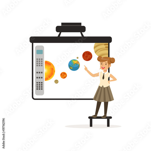 Schoolgirl standing in front of an interactive whiteboard, astronomy lesson at school vector Illustration on a white background