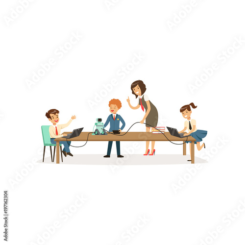 Pupils studying programming and robotics, informatics lesson at school vector Illustration on a white background