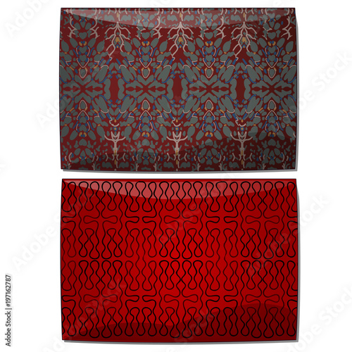 Two red carpets with abstract pattern. Home decorative elements in antique style. Image in cartoon style. Vector illustration isolated on white background