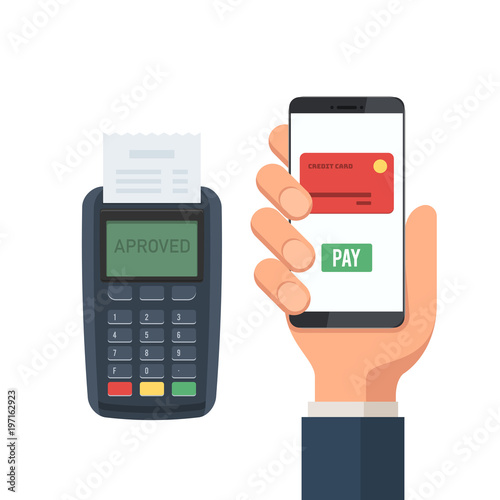 POS terminal mobile payment. Hand holding smartphone with pay app. Flat vector icon.. Vector illustration in flat style design, isolated on white background