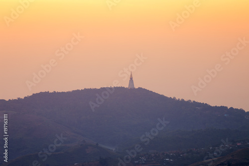 Pagoda on the hill in Wat Pa Phu Thab Beik is a Buddhist temple  Thai language Wat  at Morning mountain range View on Nature Trail in Phu Thab Beik National Park in Phetchabun  Thailand.