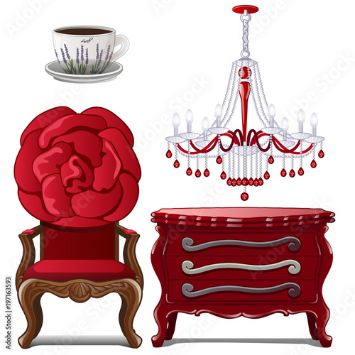 Antique furniture and decoration. Home interior elements. Image in cartoon style. Vector illustration isolated on white background