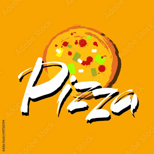 PIZZA hand-lettering calligraphy. Hand drawn vector stock illustration. Modern brush ink. Isolated on yellow background.