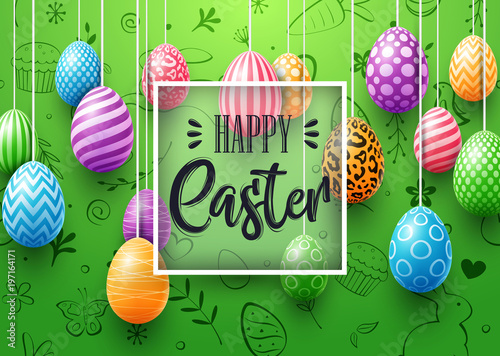 Colorful easter eggs and frame square decorated cute doodle on green background