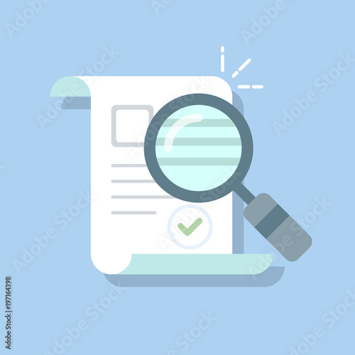 Documents icon and magnifying glass. Confirmed or approved document. Flat illustration isolated on color background.