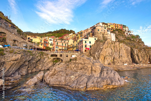 Beautiful colorful summer landscape on the coast of Manarola in Cinque Terre, Liguria, Italy, Europe