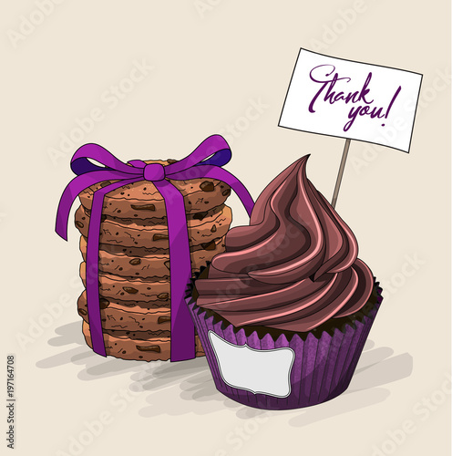 Cupcake with chocolate cream and stack of brown cookies with violet ribbon, illustration