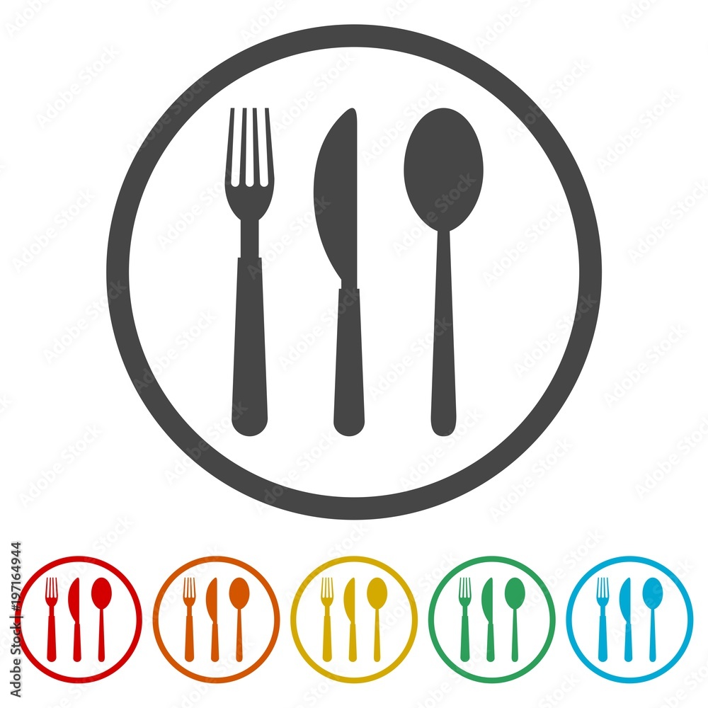 Restaurant Sign, Spoon, Fork and Knife icon, 6 Colors Included Restaurant Sign, Spoon, Fork and Knife icon, 6 Colors Included