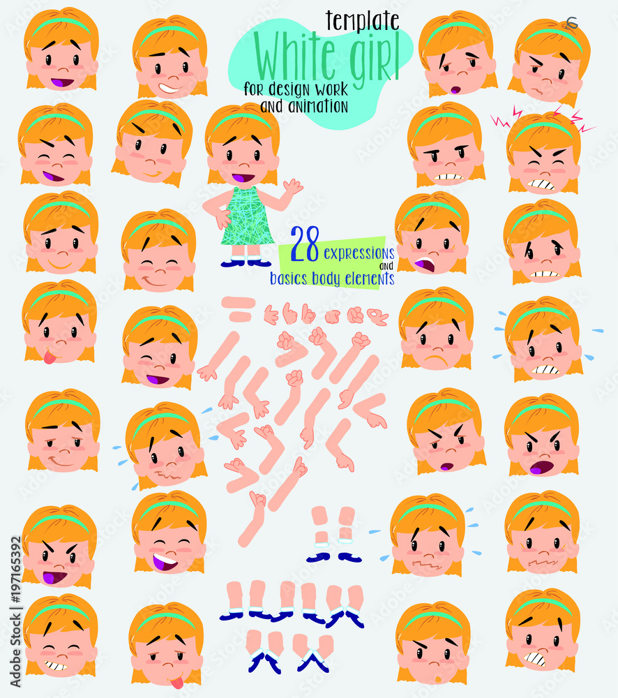White girl. Twenty eight expressions and basics body elements, template for design work and animation. Vector illustration to Isolated and funny cartoon character.
