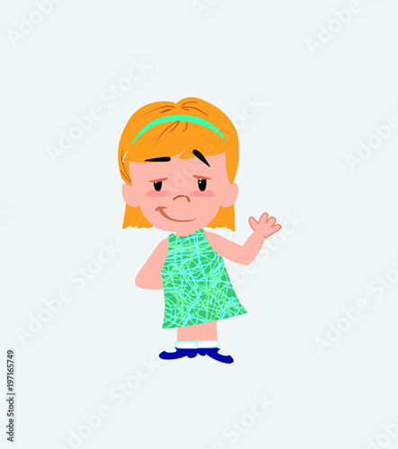 White girl waving with a dreamy expression.