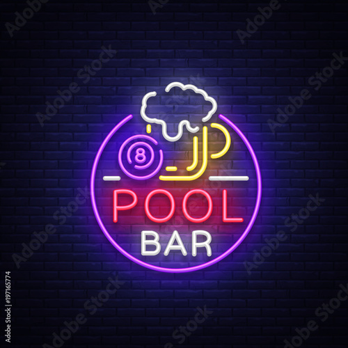 Pool bar logo in neon style. Neon sign design template for Billiard bar, club, beer and billiard light banner, night neon advertisement, design element, bright flyer. Vector illustration