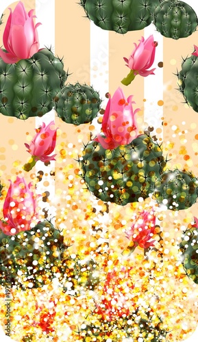 Pink cactus abstract pattern sparkling background Vector illustrations