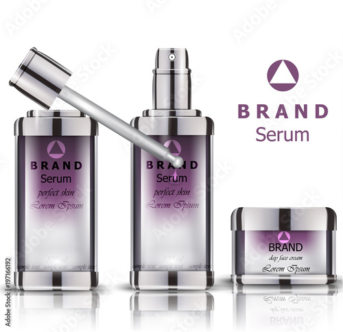 Cosmetics set realistic Vector packaging. Day cream, serum products mock up