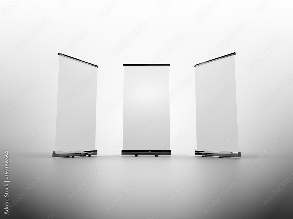 Outdoor Advertising Stand Banner (empty roll-up poster) - mockup template isolated on white background. 3D rendering Outdoor Advertising Stand Banner (empty roll-up poster) - mockup template isolated on white background. 3D rendering