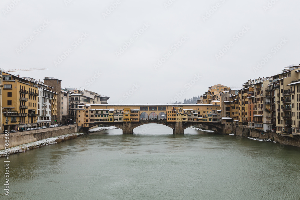 Ponte Vecchio, Florence. Snow over the famous bridge