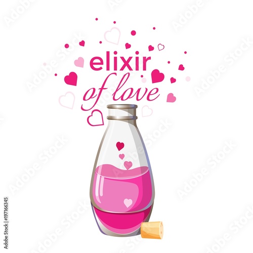 Elixir of love bottle with pink liquid and hearts isolated