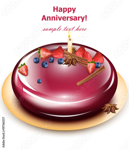 Happy Anniversary cake Vector. Sweet birthday dessert mirror glaze cake