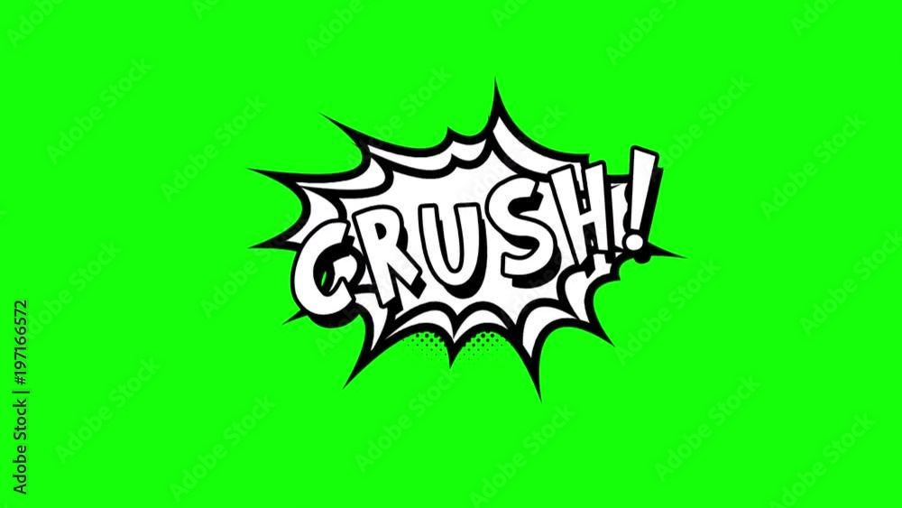 Comic strip speech bubble cartoon animation, with the words crush. White text, black shape, green background Comic strip speech bubble cartoon animation, with the words crush. White text, black shape, green background