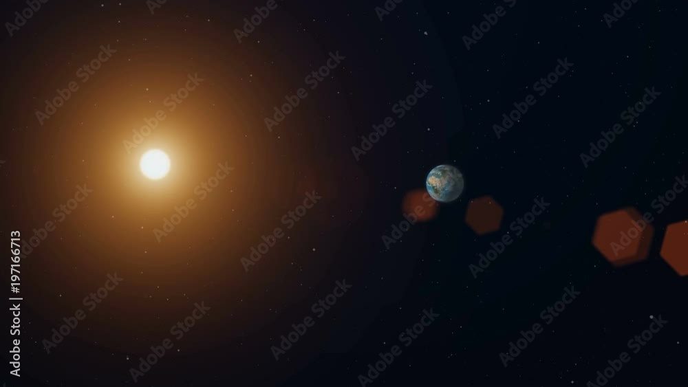 Planet earth and the sun in space orbit animation. Animated science concept of the world moving through cosmos.
