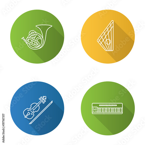 Musical instruments flat linear long shadow icons set