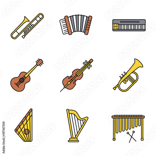 Musical instruments color icons set
