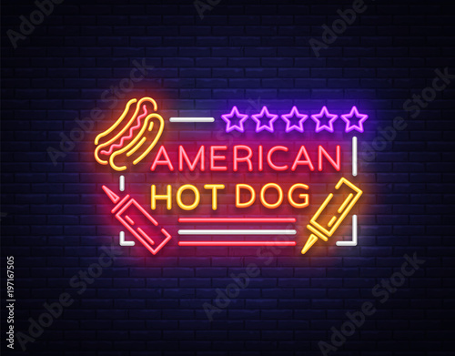 Hot dog logo in neon style design template. Hot dog neon signs, light banner, neon symbol fast food emblem, American food, bright night advertising. Vector illustration