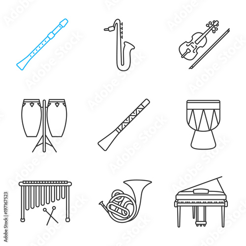 Musical instruments linear icons set photo