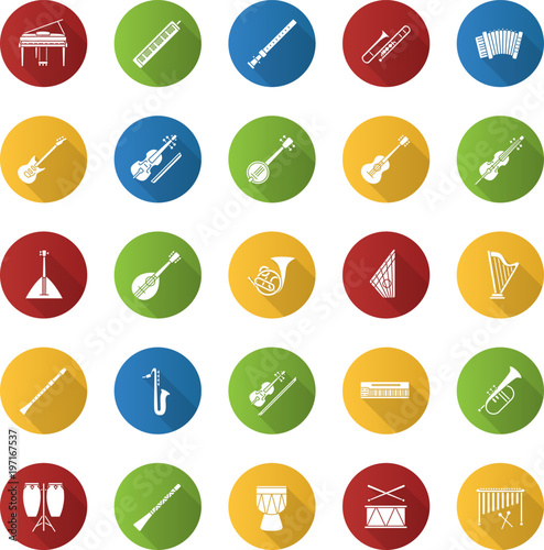 Musical instruments flat design long shadow glyph icons set