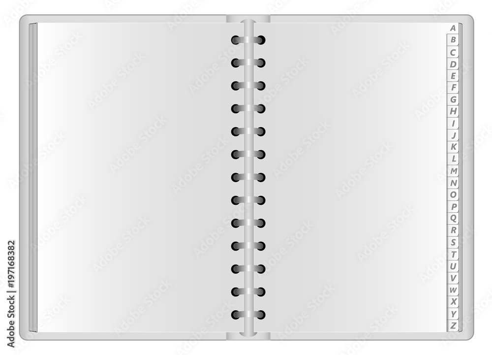 Template of the Open Organizer with the Latin alphabet on the pages. Can be used for your design. Vector illustration. Template of the Open Organizer with the Latin alphabet on the pages. Can be used for your design. Vector illustration.